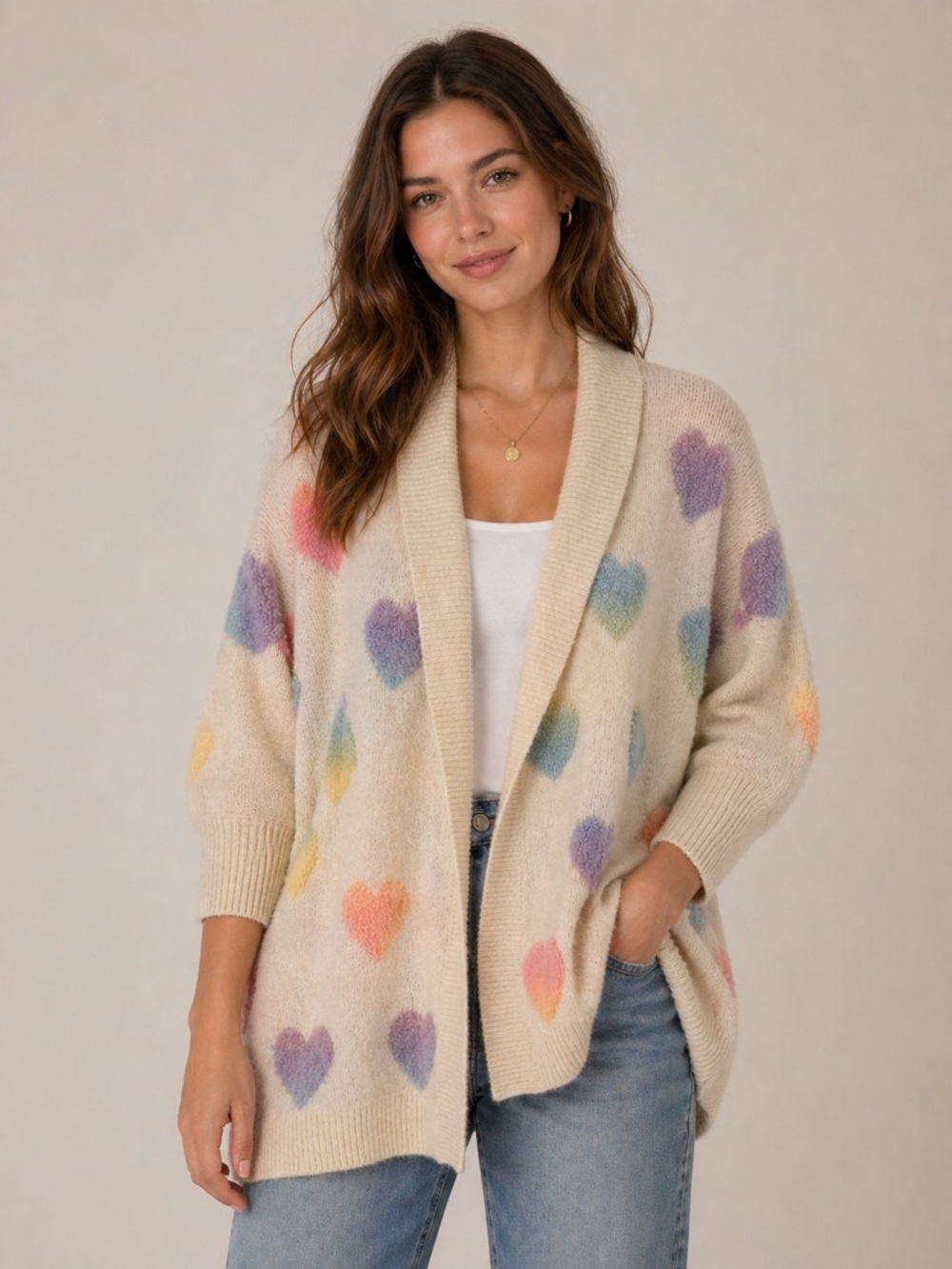 Look By M Cream Open Cardigan Sweater with Pastel Rainbow Hearts - one size